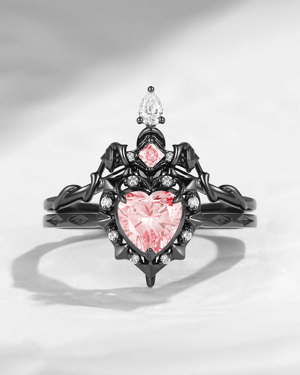 Unique Heart Shaped Lab Pink Diamond Sword Ring Alternative Bridal Set 2pcs - Cupid's Arrow