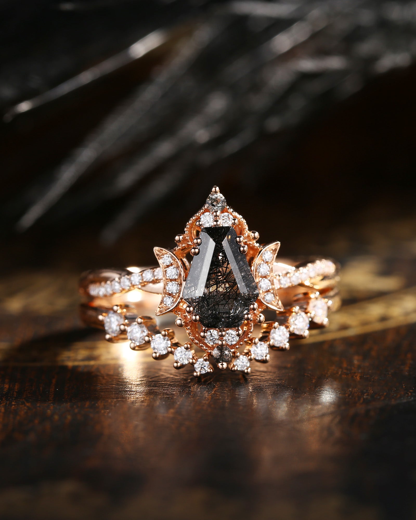 Crescent Moon | Coffin Cut Black Rutilated Quartz Engagement Ring Set 2pcs - Infinity Galaxy