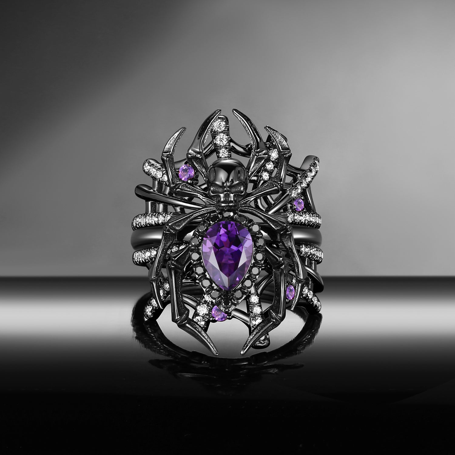 Spider Ring 'The Web' - Gothic Pear Cut Amethyst Engagement Ring Set with Skull Inspired Band