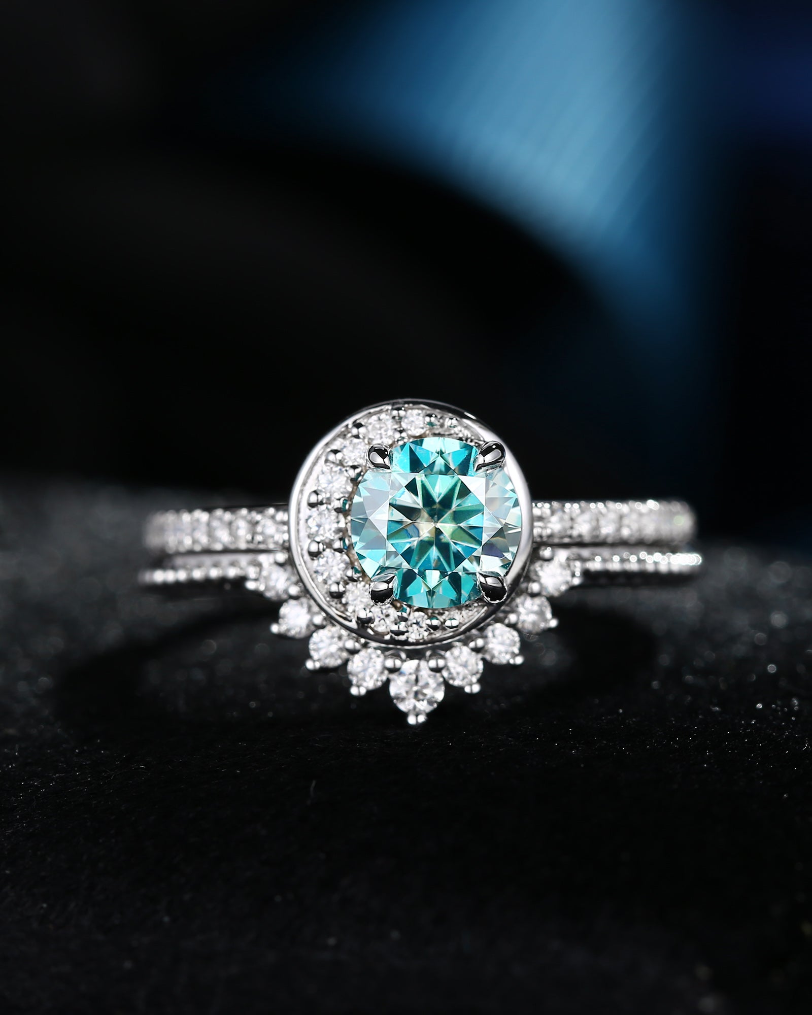 Crescent Moon | Unique Teal Moissanite Engagement Ring Set 2pcs - Full Moon