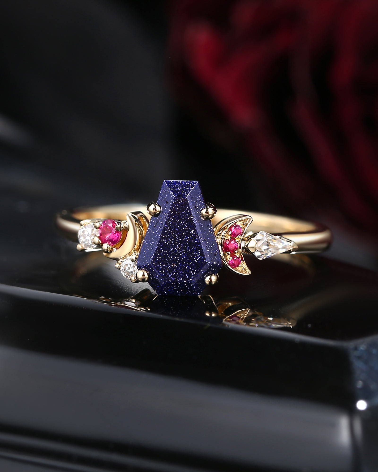 Crescent Moon | Art Deco Coffin Blue Sandstone Cluster Engagement Ring