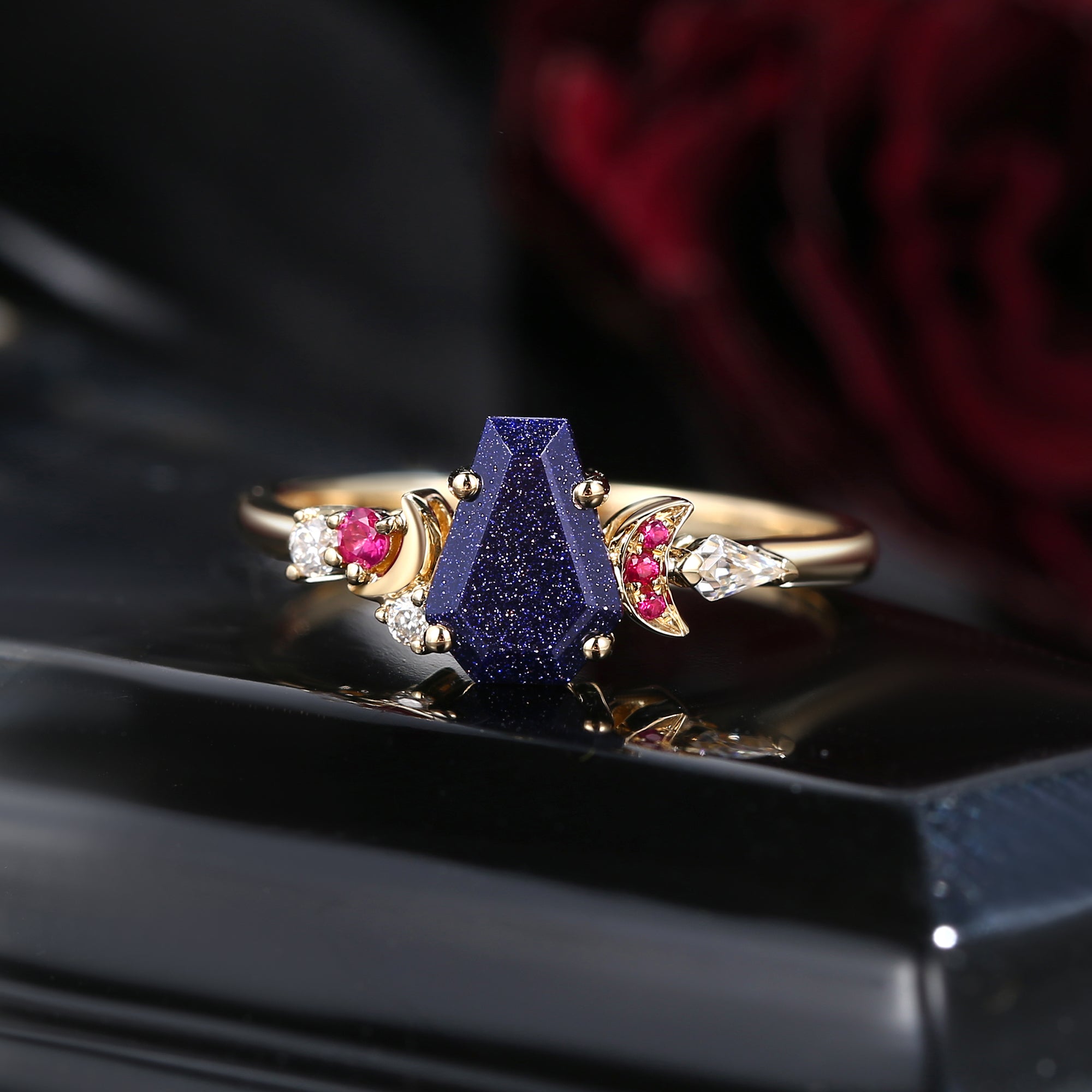 Crescent Moon | Art Deco Coffin Blue Sandstone Cluster Engagement Ring