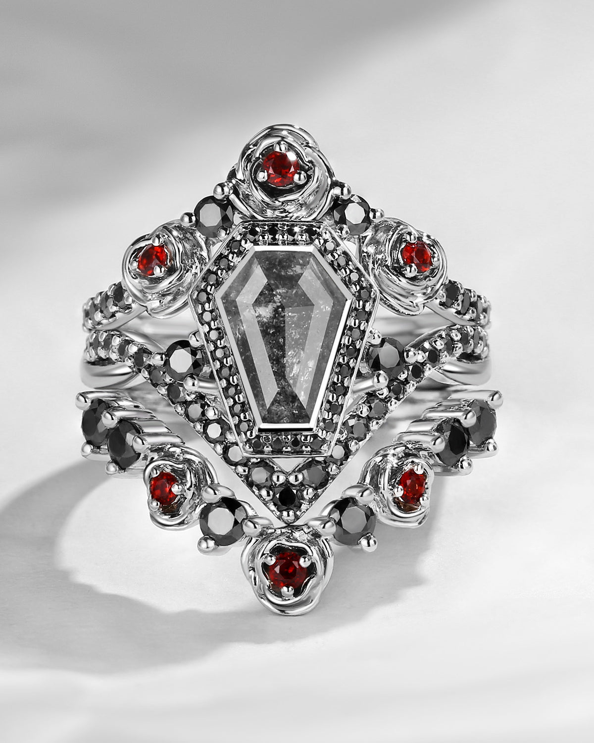 Unique Coffin Salt & Pepper Diamond Gothic Rose Flower Engagement Ring Set 3pcs