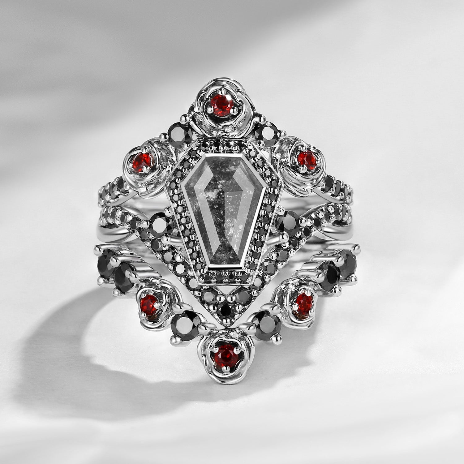 Unique Coffin Salt & Pepper Diamond Gothic Rose Flower Engagement Ring Set 3pcs