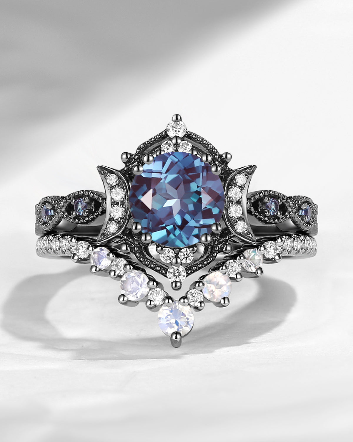 Crescent Moon | Round Cut Lab Alexandrite 'Black Statement' Ring Set 2pcs