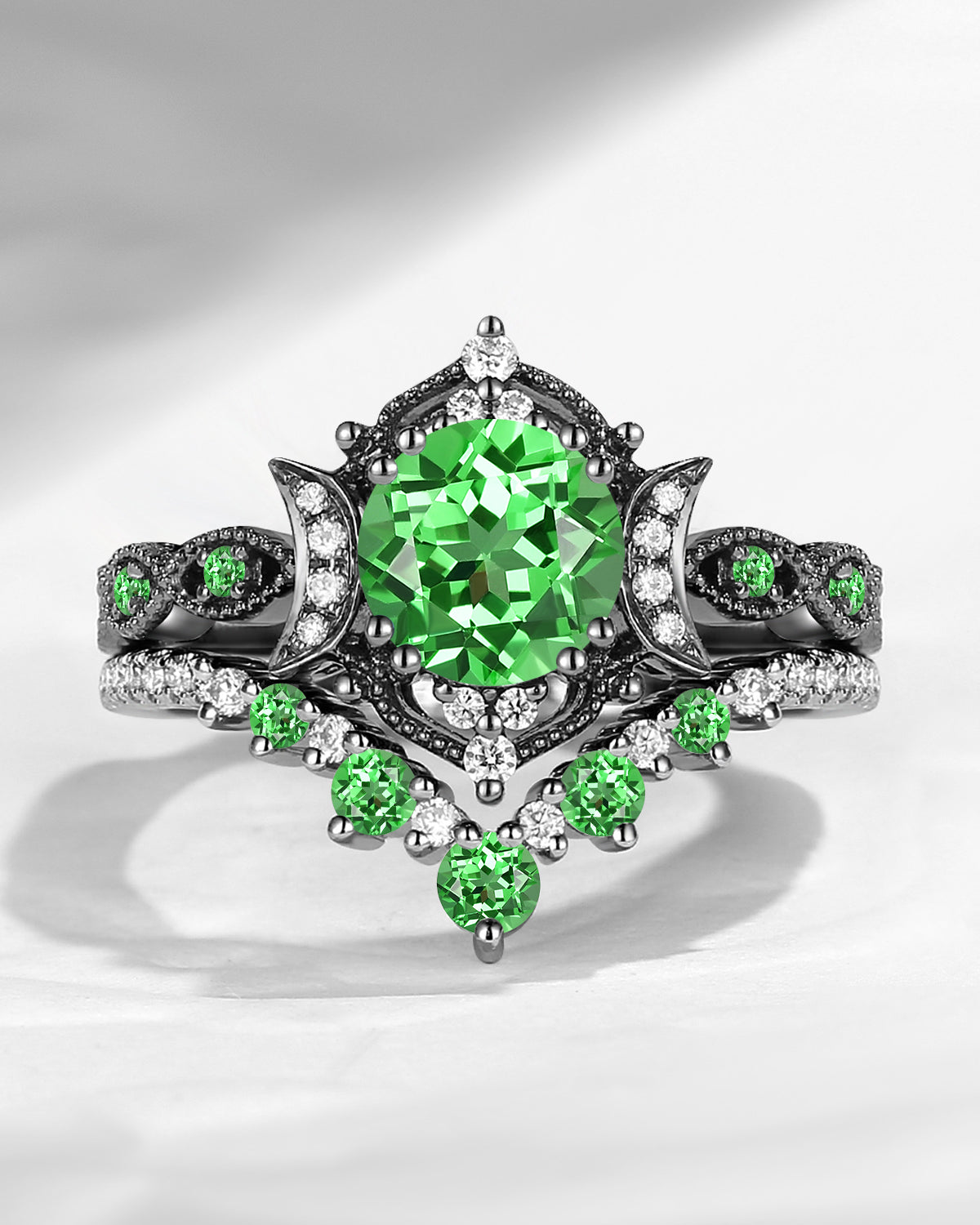 Crescent Moon | Round Cut Lab Tsavorite Vintage Milgrain Engagement Ring Set 2pcs