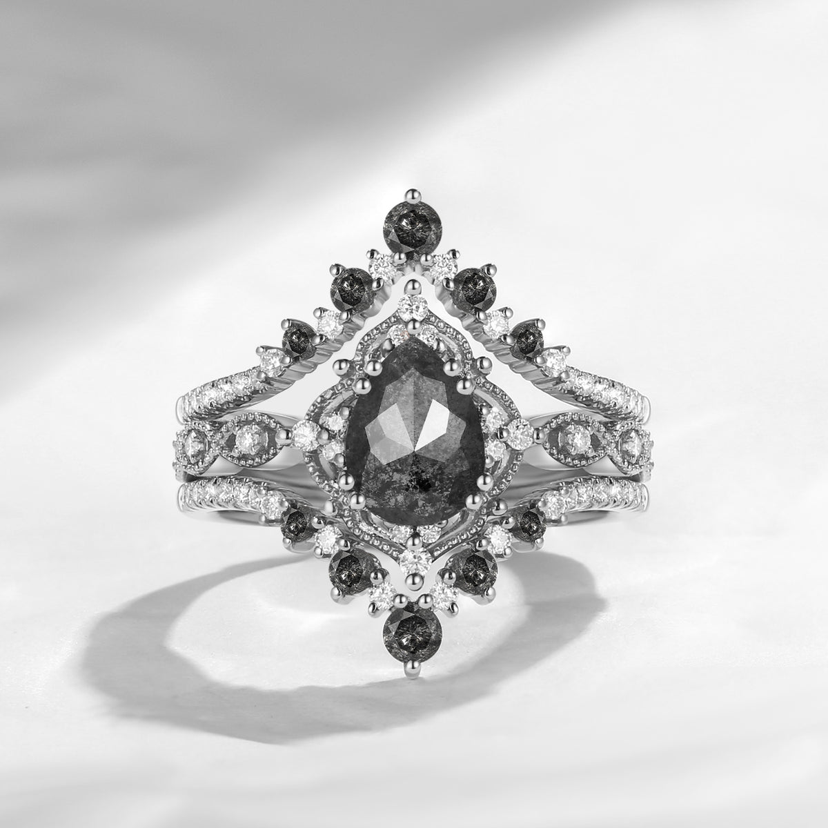 'Elara' - Vintage Pear Cut Salt & Pepper Diamond Engagement Ring Set with Milgrain Detailing
