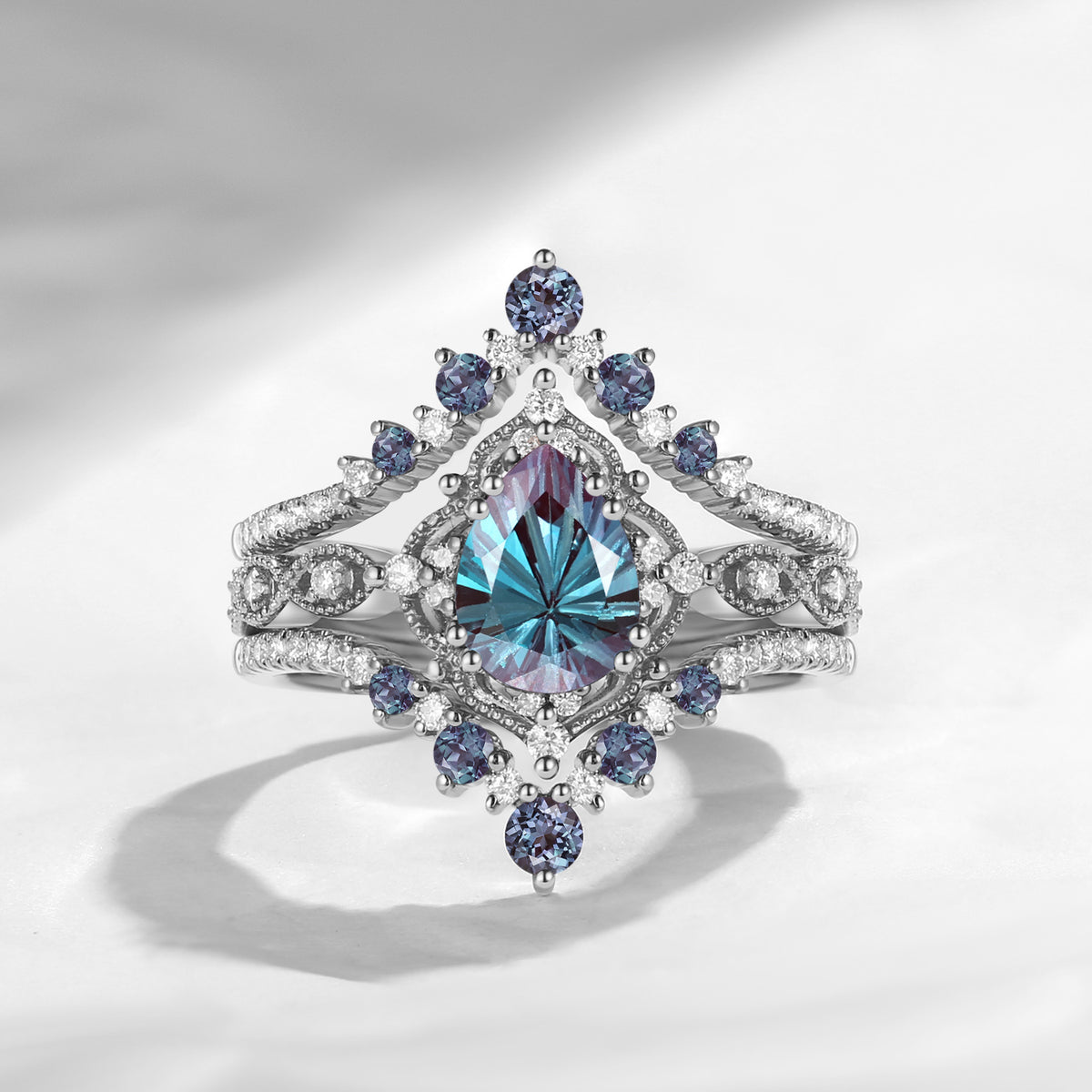 'Elara' - Vintage Firework Cut Pear Lab Alexandrite Engagement Ring Set with Milgrain Detailing
