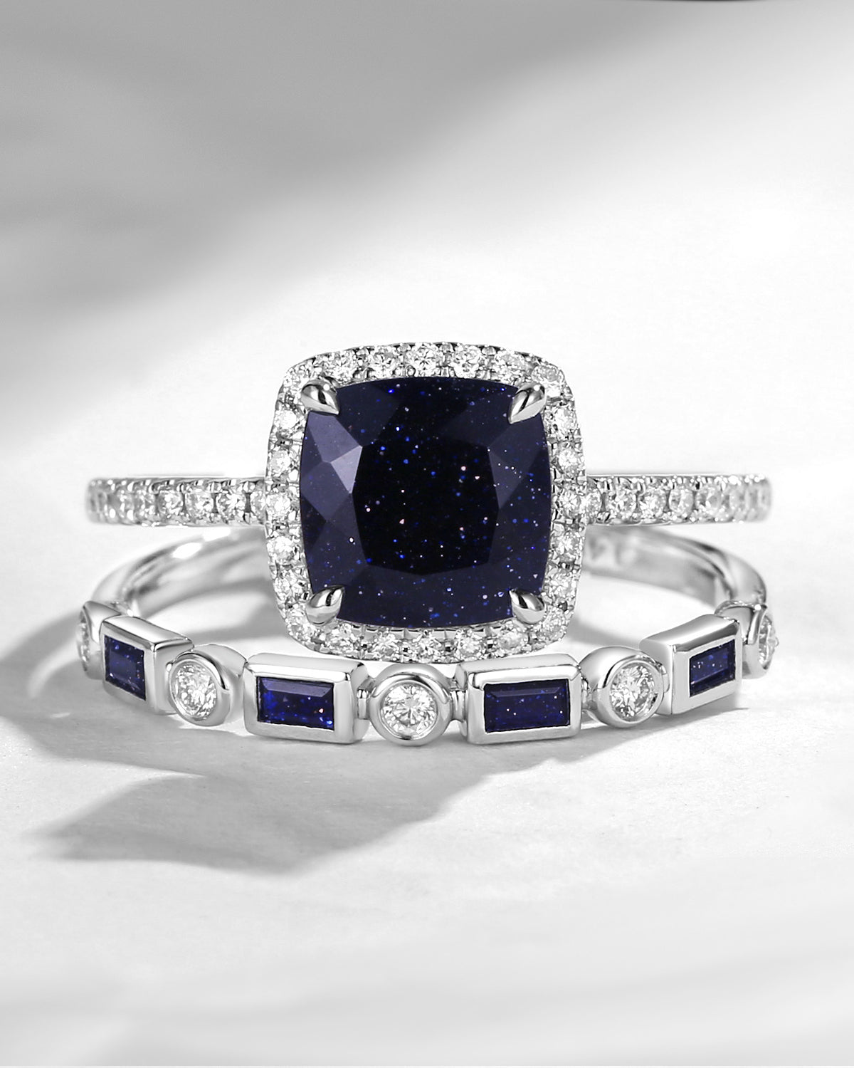 Halo Cushion Cut Blue Sandstone Classic Ring Bridal Set 2pcs