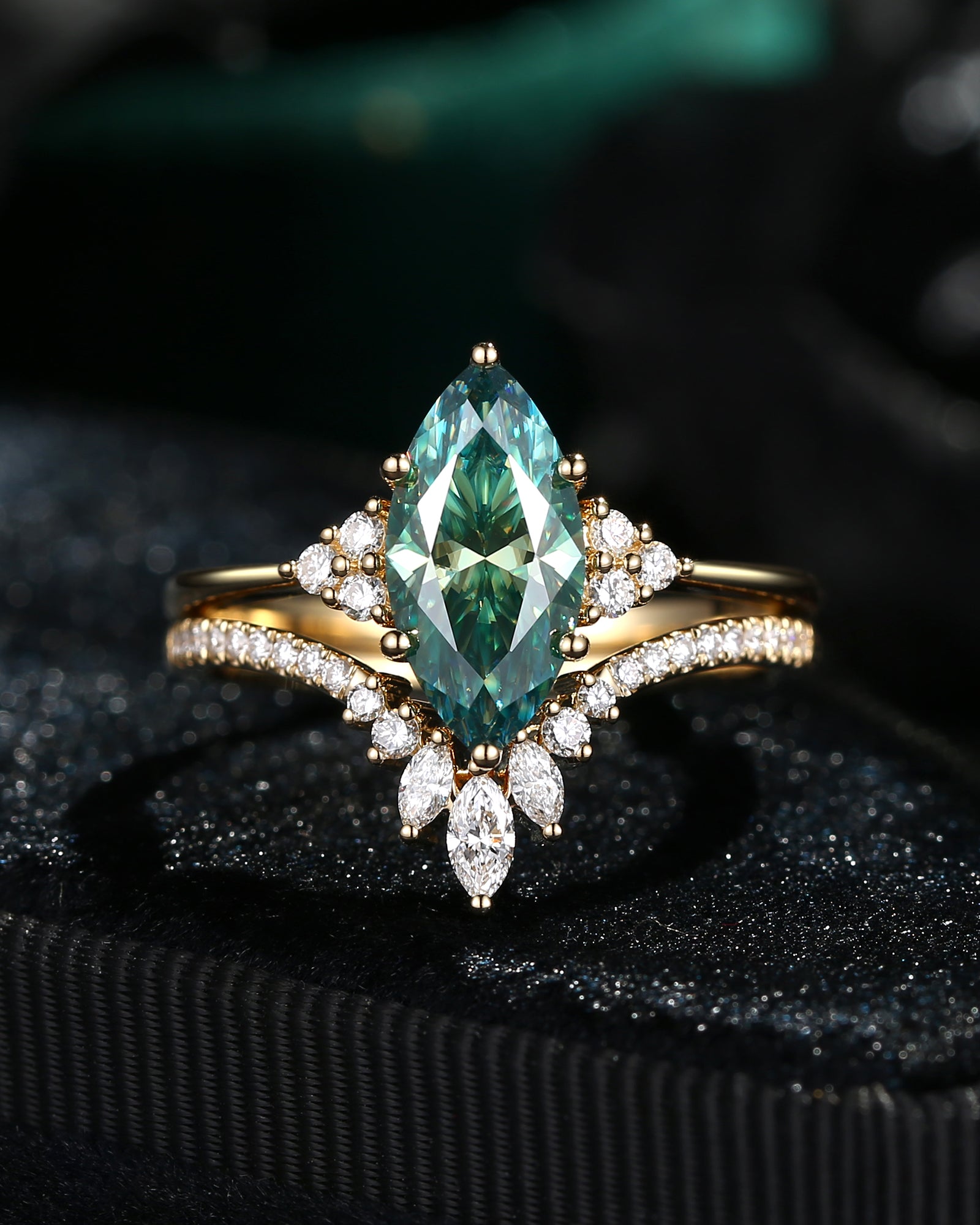 Marquise Cut Teal Moissanite Engagement Ring Set 2pcs - Electra
