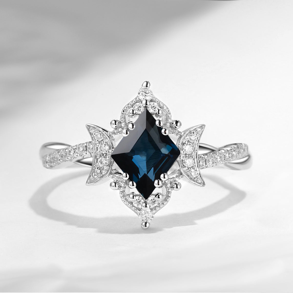 'Twisted Galaxy' - Kite Cut Natural Teal Sapphire Crescent Moon Engagement Ring with Infinity Band