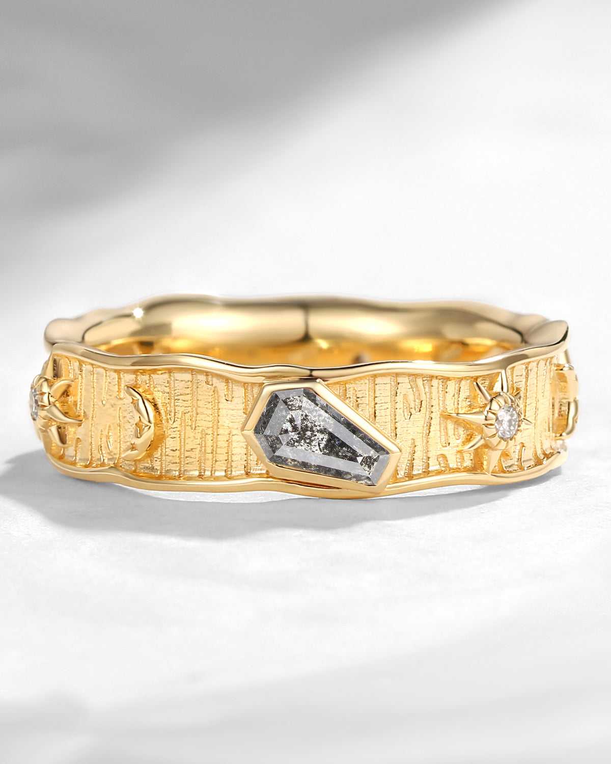 Coffin Salt And Pepper Diamond Soft Textured Ripples Wedding Ring