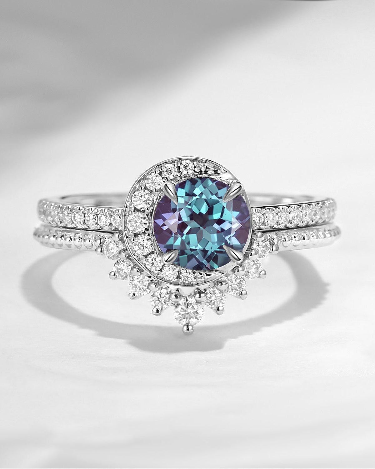 Crescent Moon | Unique Lab Alexandrite Engagement Ring Set 2pcs - Full Moon