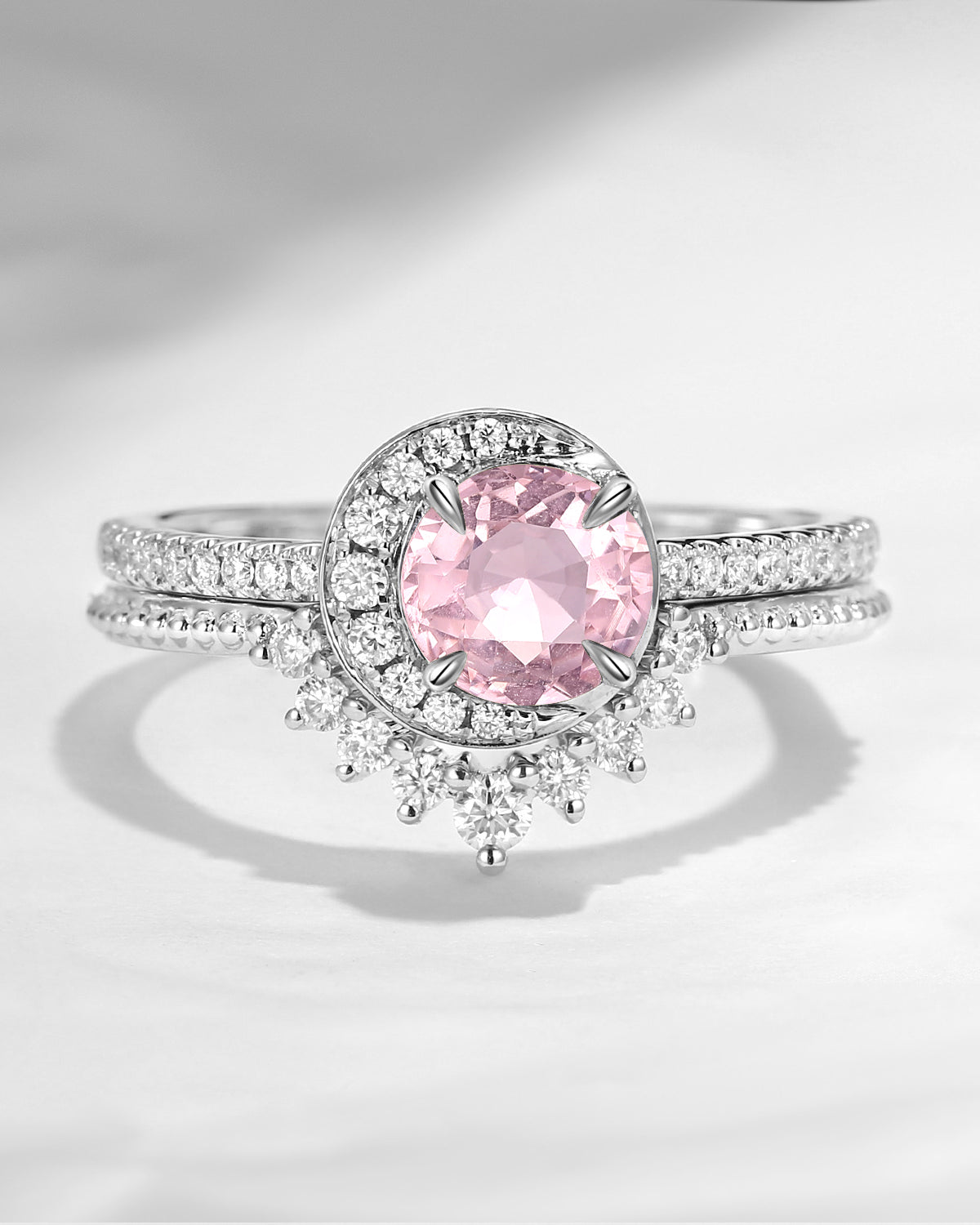 Crescent Moon | Unique Round Cut Natural Pink Tourmaline Engagement Ring Set 2pcs - Full Moon
