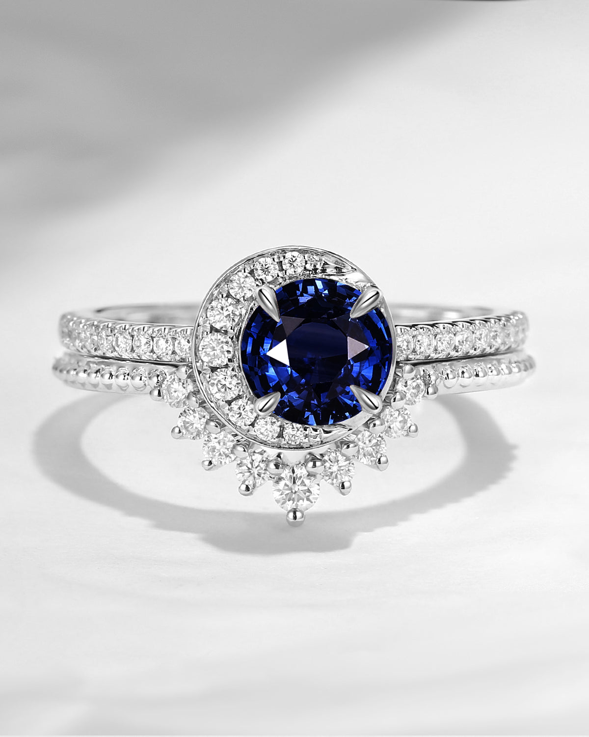 Crescent Moon | Unique Round Cut Natural Sapphire Engagement Ring Set 2pcs - Full Moon