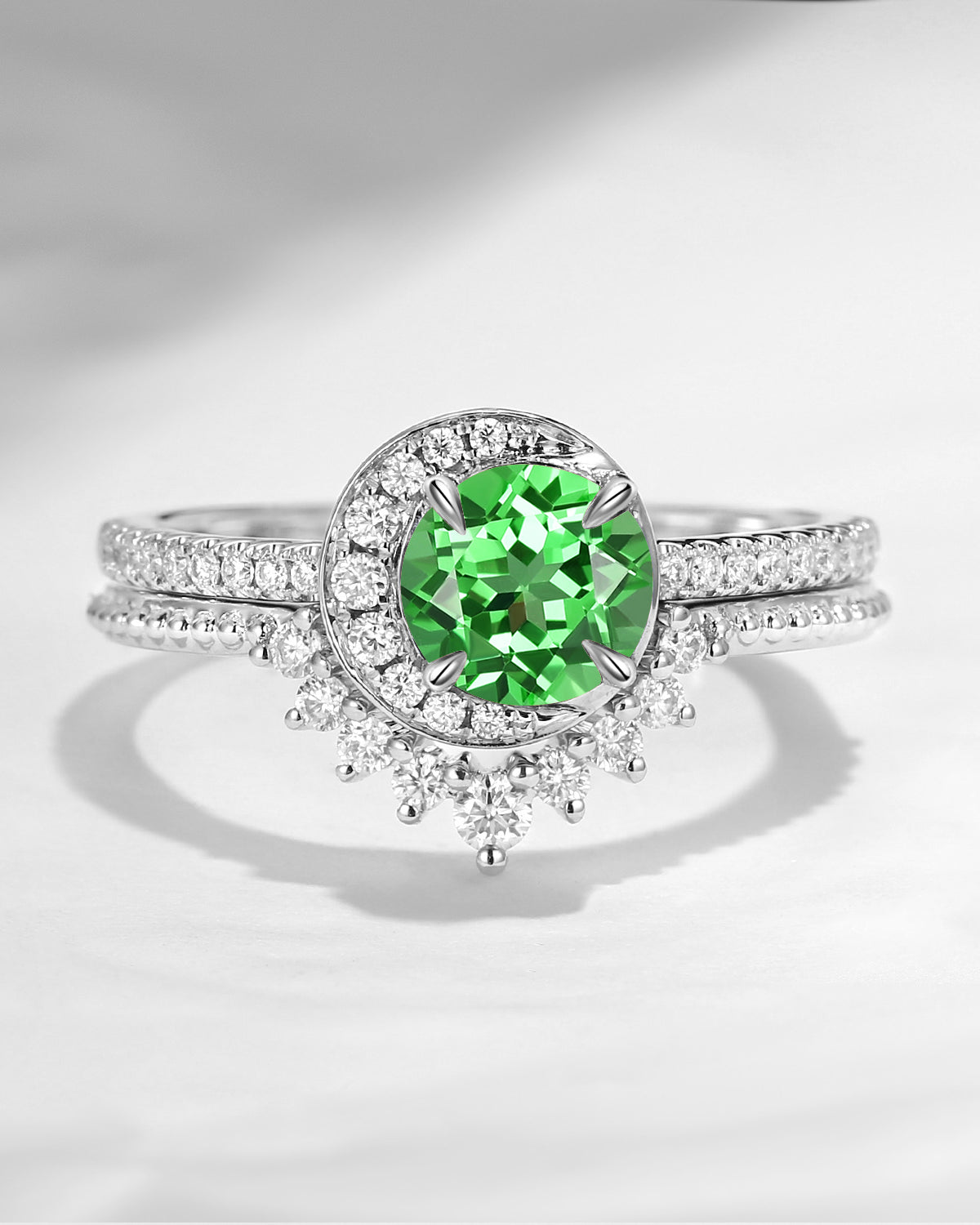 Crescent Moon | Unique Round Cut Lab Tsavorite Engagement Ring Set 2pcs - Full Moon