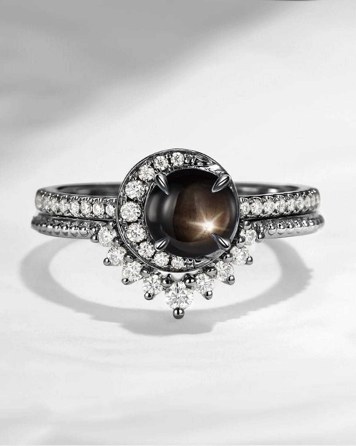Crescent Moon | Unique Round Cut Natural Black Star Sapphire Engagement Ring Set 2pcs - Full Moon