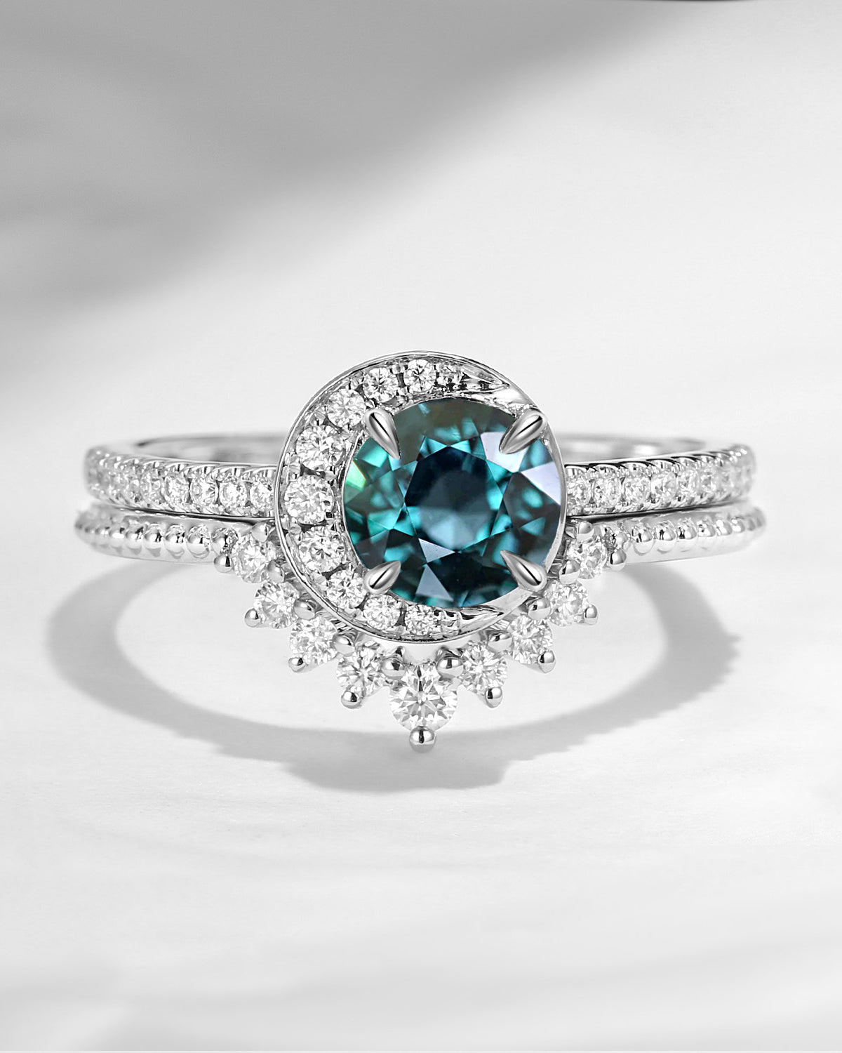 Crescent Moon | Unique Teal Sapphire Engagement Ring set 2pcs - Full Moon