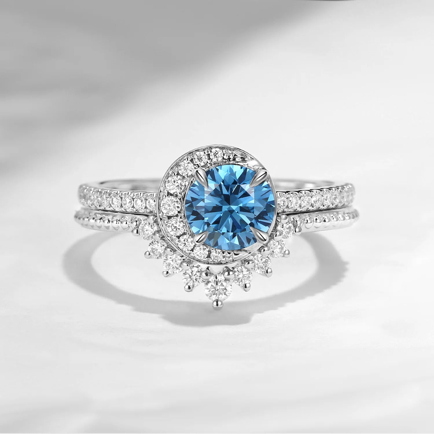 Crescent Moon | Unique Blue Lab Diamond Engagement Ring Set 2pcs - Full Moon
