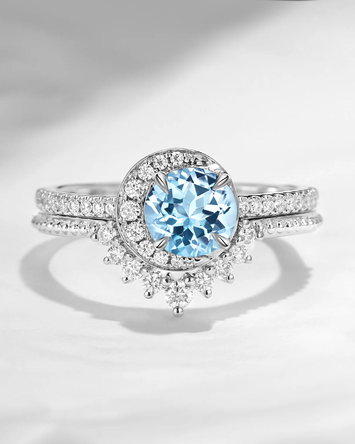 Crescent Moon | Natural Aquamarine Engagement Ring Set 2pcs - Full Moon