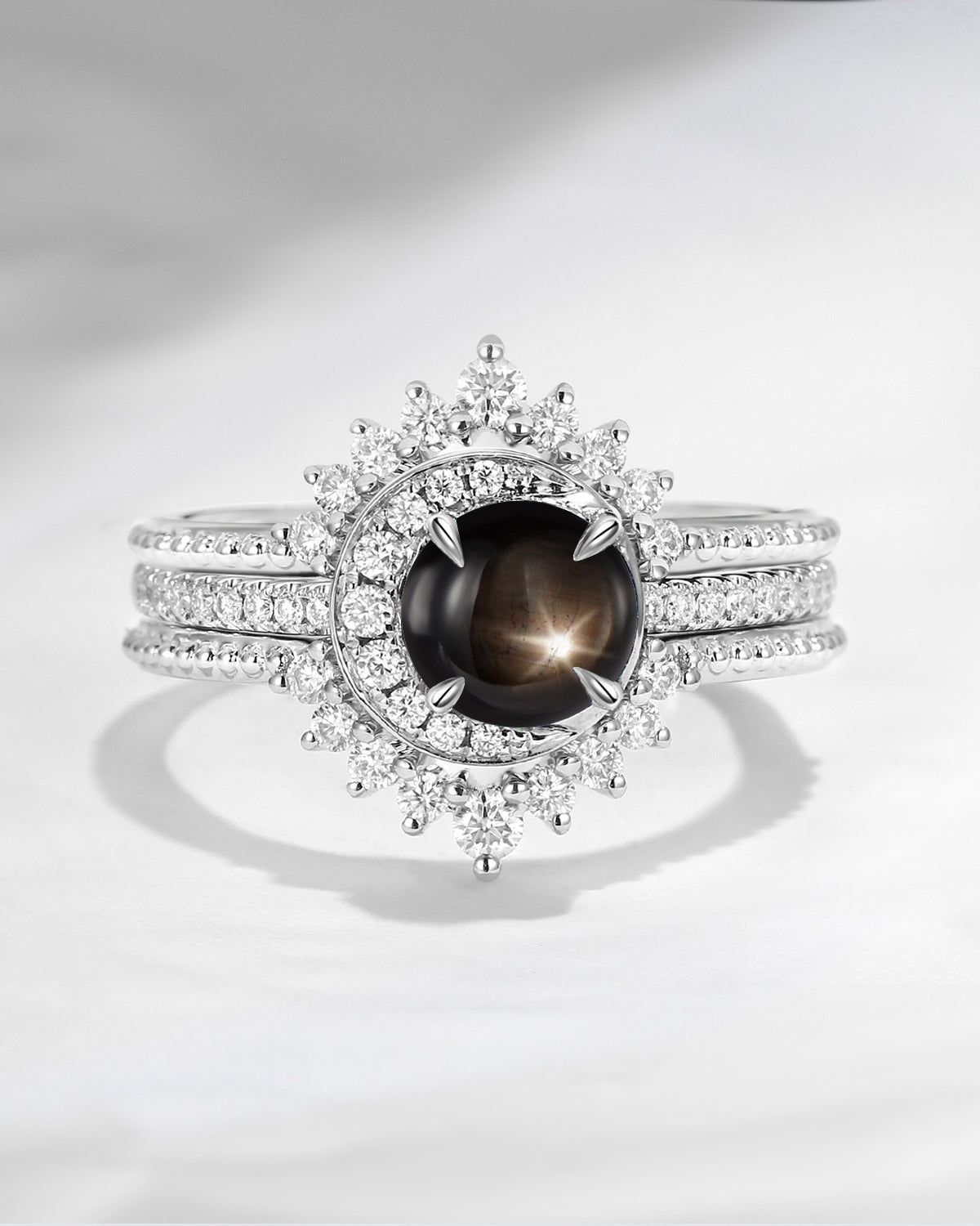 Crescent Moon | Unique Round Natural Black Star Sapphire Engagement Ring Set 3pcs - Full Moon