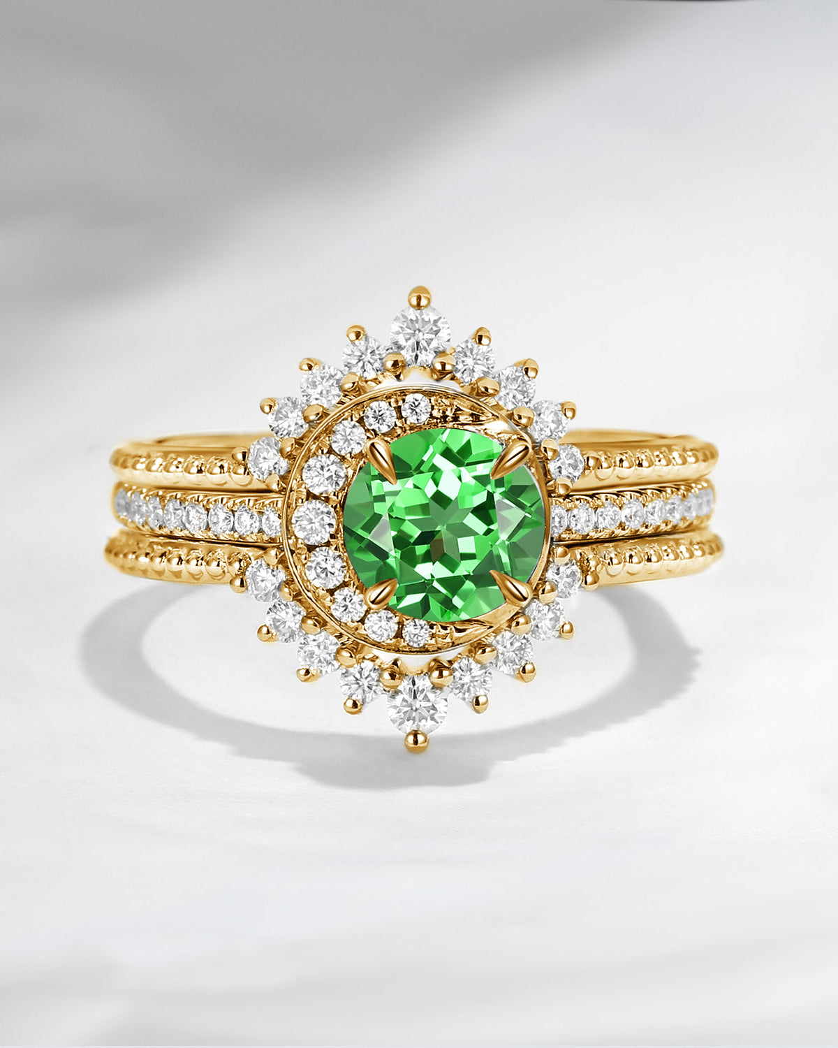 Crescent Moon | Round Lab Tsavorite Engagement Ring Set 3PCS - Full Moon