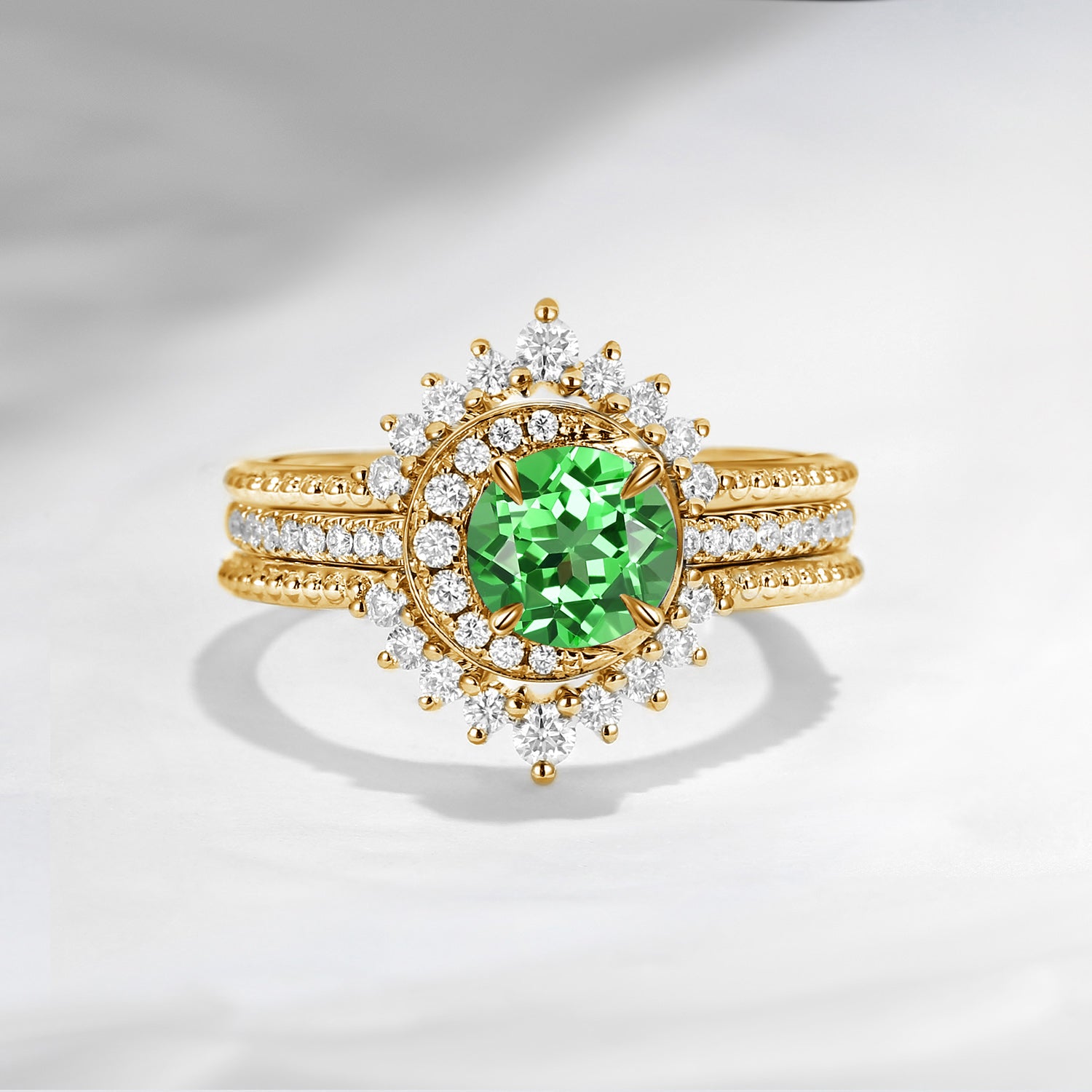 Crescent Moon | Round Lab Tsavorite Engagement Ring Set 3PCS - Full Moon