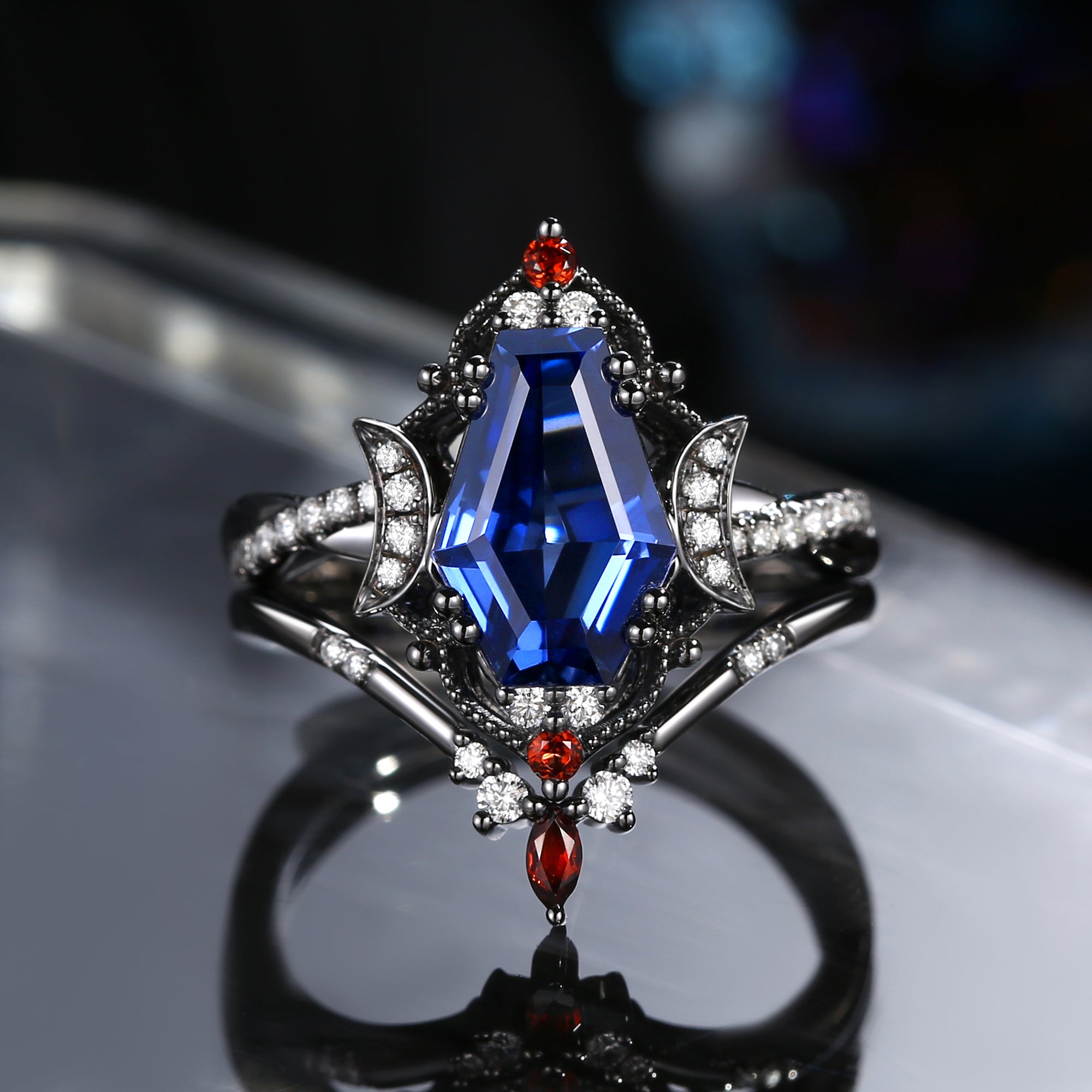 Crescent Moon | Infinity Coffin Lab Sapphire & Garnet Twisted Black Gold Engagement Ring Set 2pcs - Alexandria