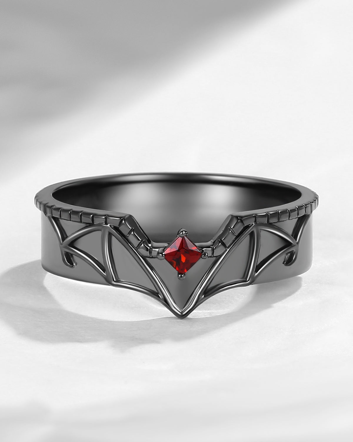 Unique Princess Cut Garnet Black Gold Bat Wing Inspired Wedding Band For Men