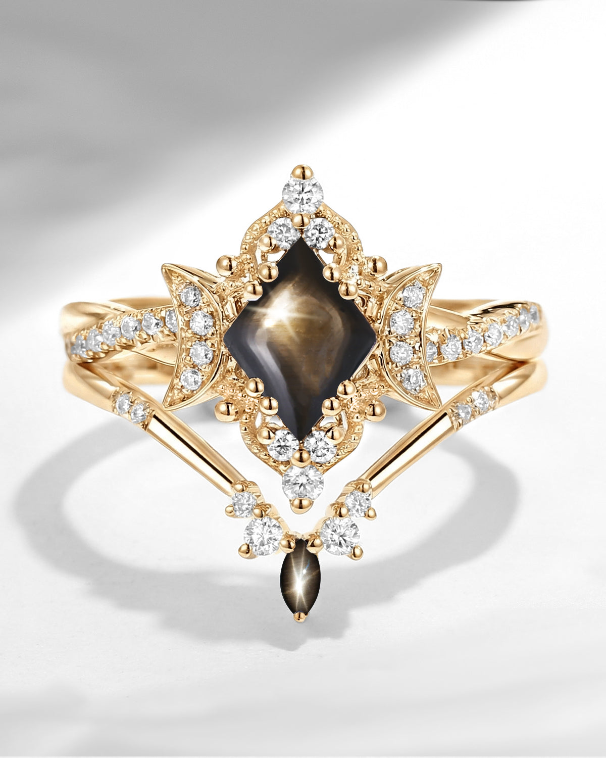 Crescent Moon | Kite Cut Natural Black Star Sapphire Infinity Engagement Ring Set 2pcs