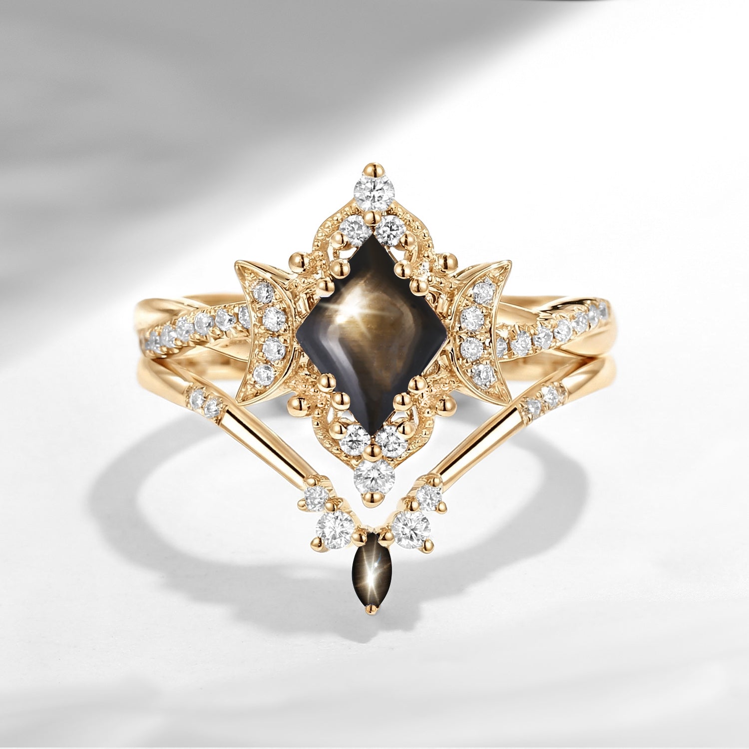 Crescent Moon | Kite Cut Natural Black Star Sapphire Infinity Engagement Ring Set 2pcs