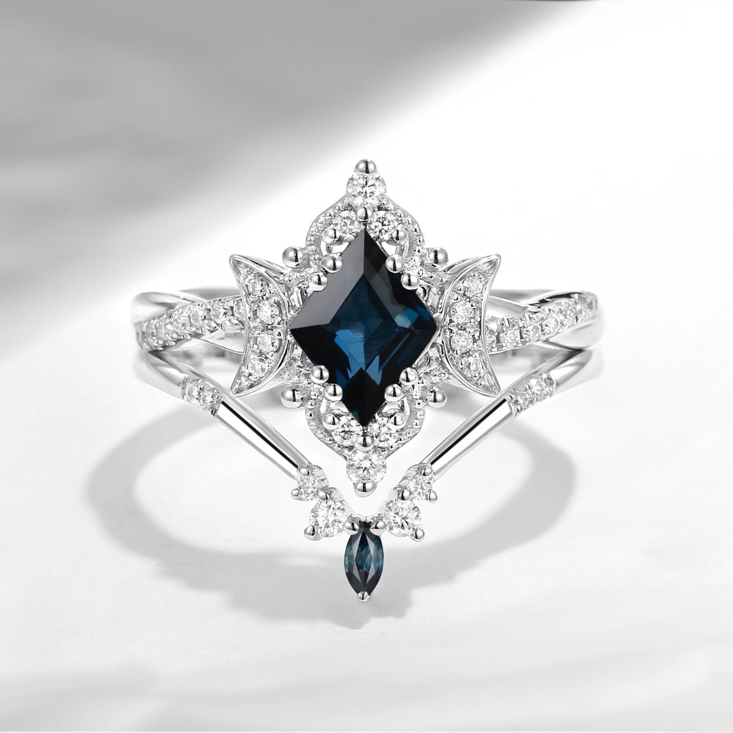 Crescent Moon - Kite Cut Natural Teal Sapphire Engagement Ring Set with Twisted Infinity Band