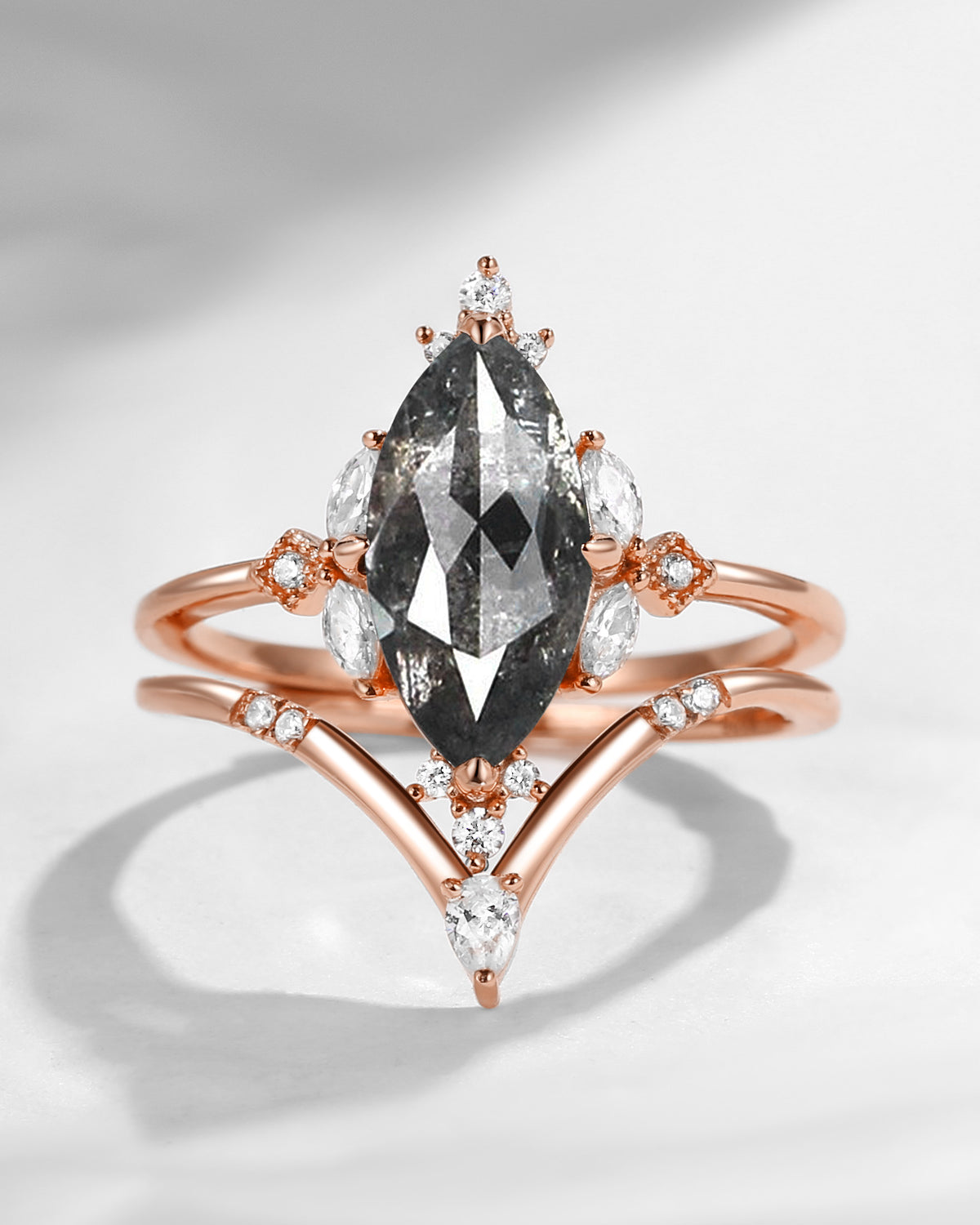 Marquise Cut Natural Salt And Pepper Diamond Solitaire Ring Set 2pcs