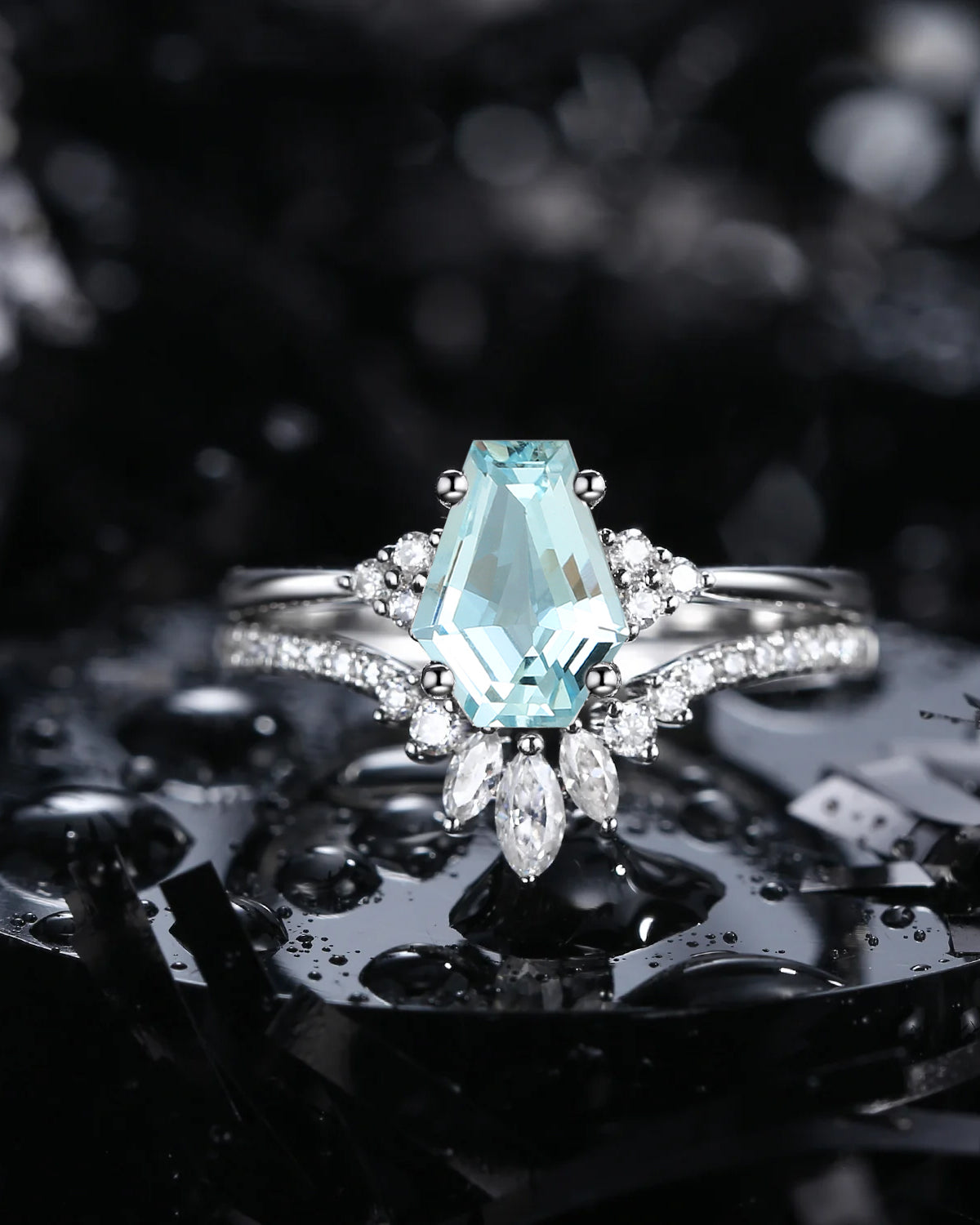 Classic Coffin Cut Natural Aquamarine Engagement Set 2pcs - White Dress