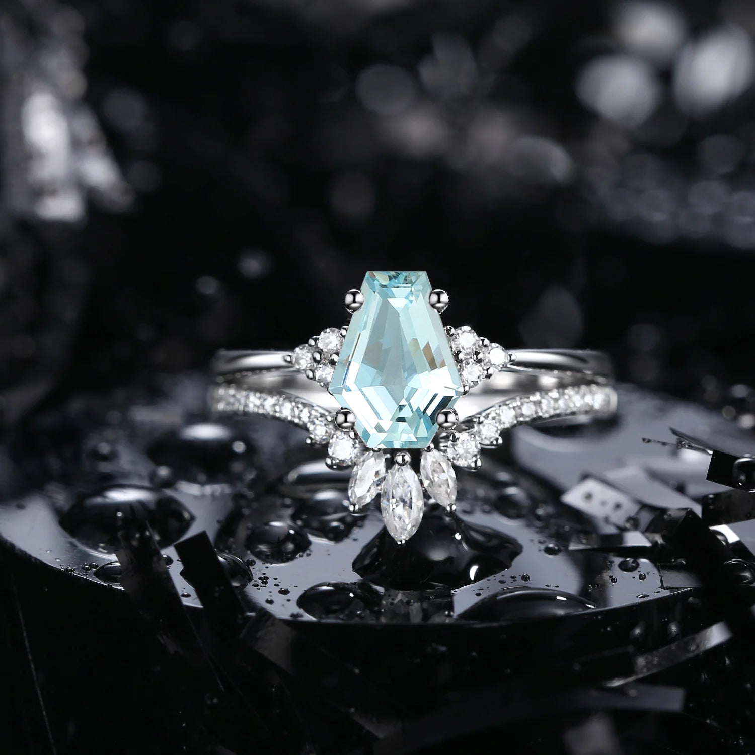 Classic Coffin Cut Natural Aquamarine Engagement Set 2pcs - White Dress