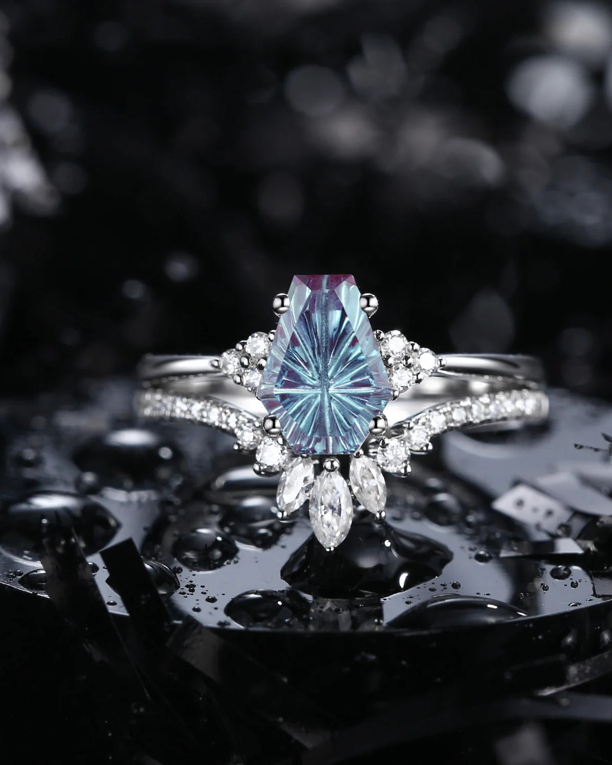 Firework Cut Coffin Lab Alexandrite Engagement Set 2pcs - White Dress