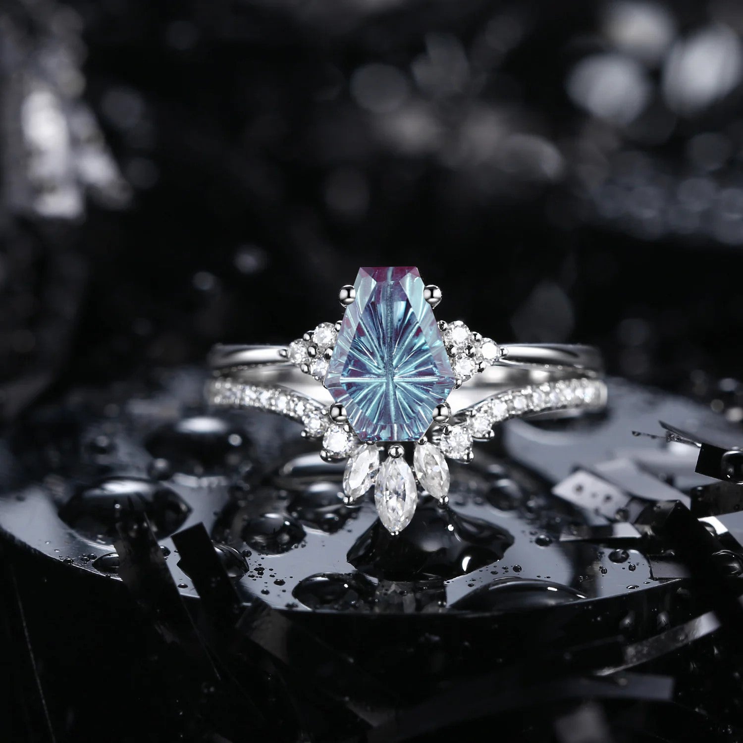 Firework Cut Coffin Lab Alexandrite Engagement Set 2pcs - White Dress