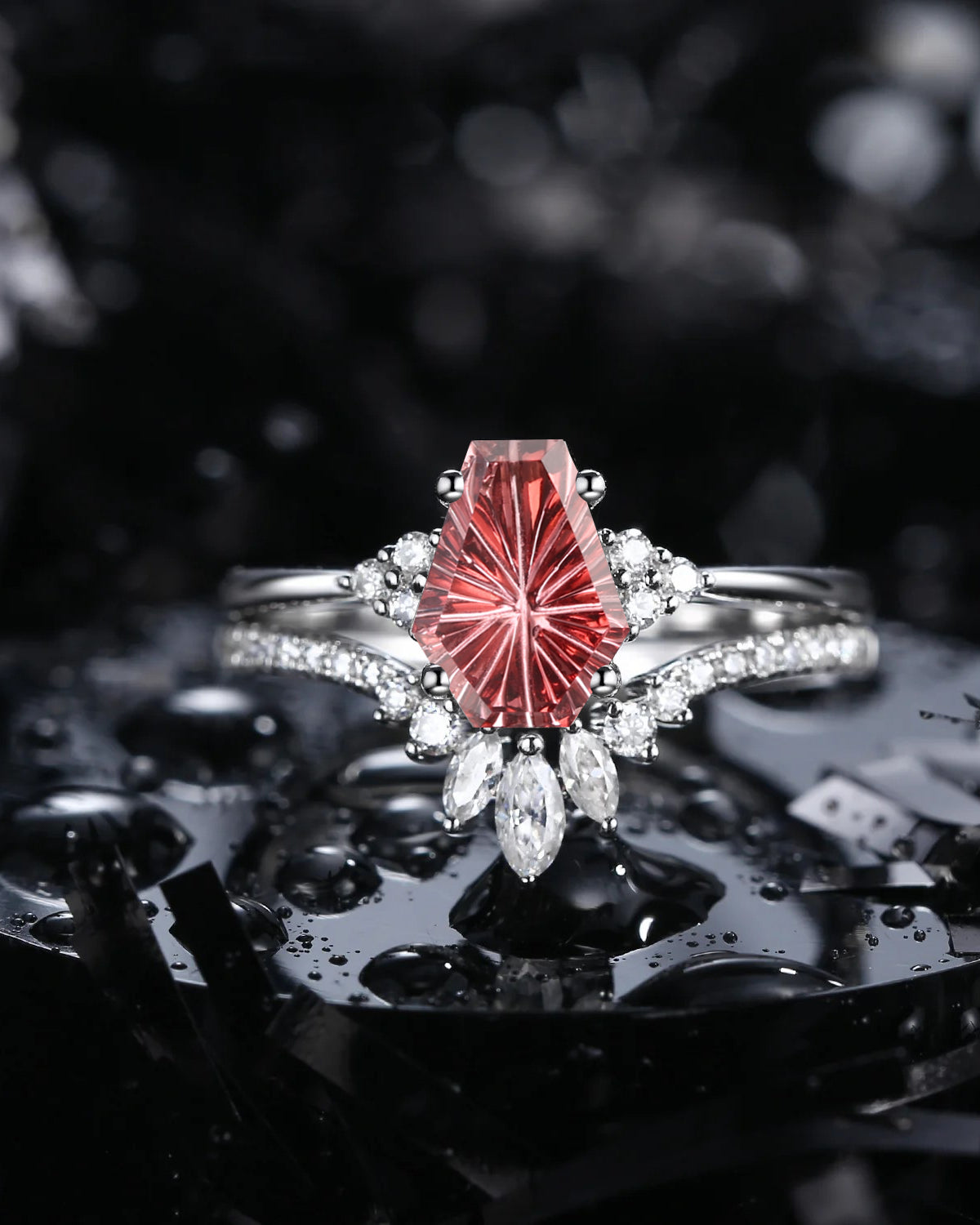 Firework Cut Coffin Garnet Engagement Set 2pcs - White Dress