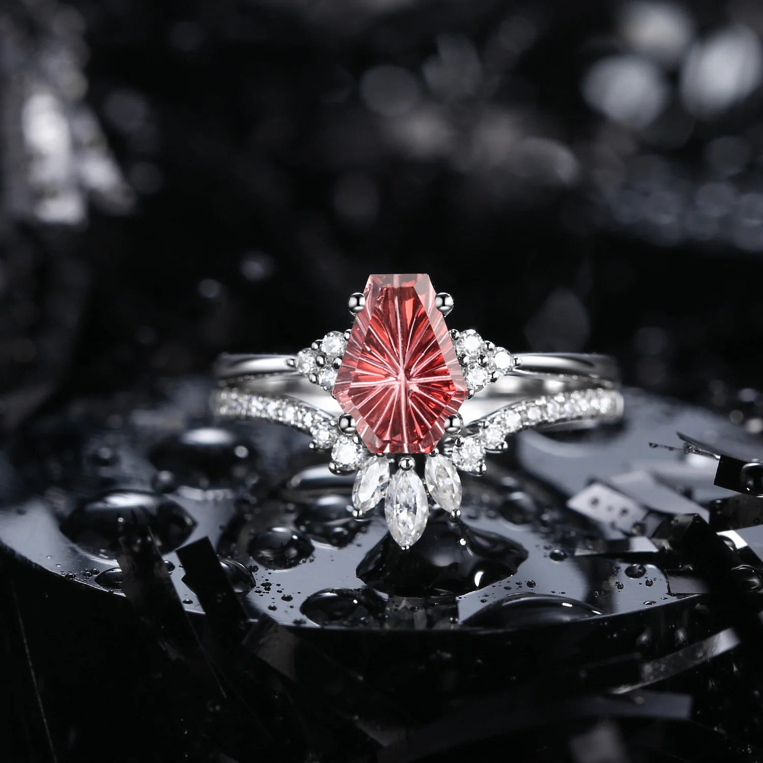 Firework Cut Coffin Garnet Engagement Set 2pcs - White Dress