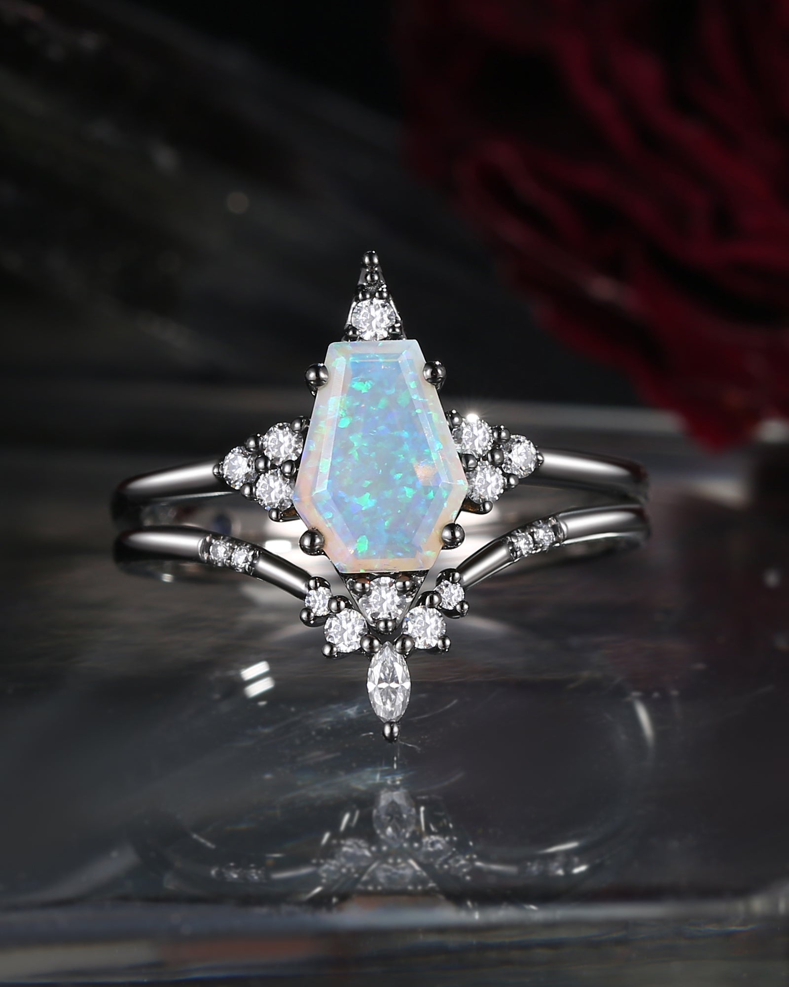 Unique Coffin Opal Black Gold Engagement Star Ring Set 2pcs - Coffin Kite