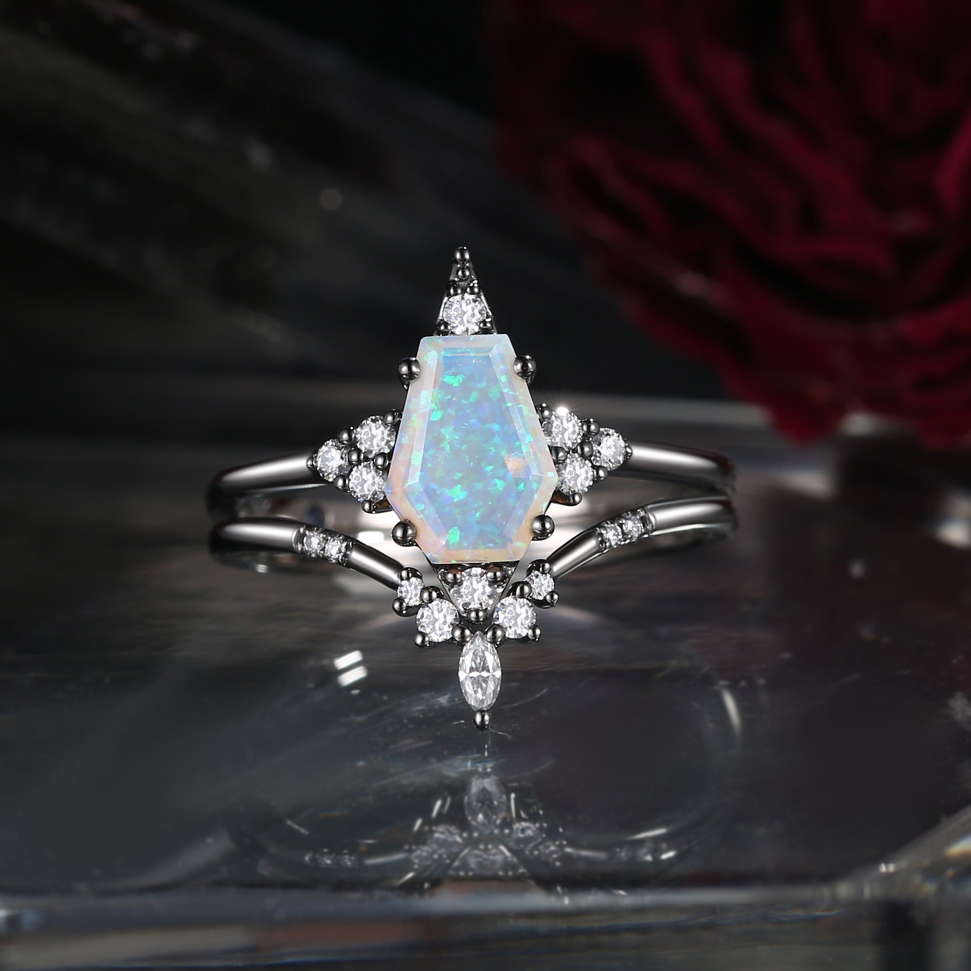 Unique Coffin Opal Black Gold Engagement Star Ring Set 2pcs - Coffin Kite