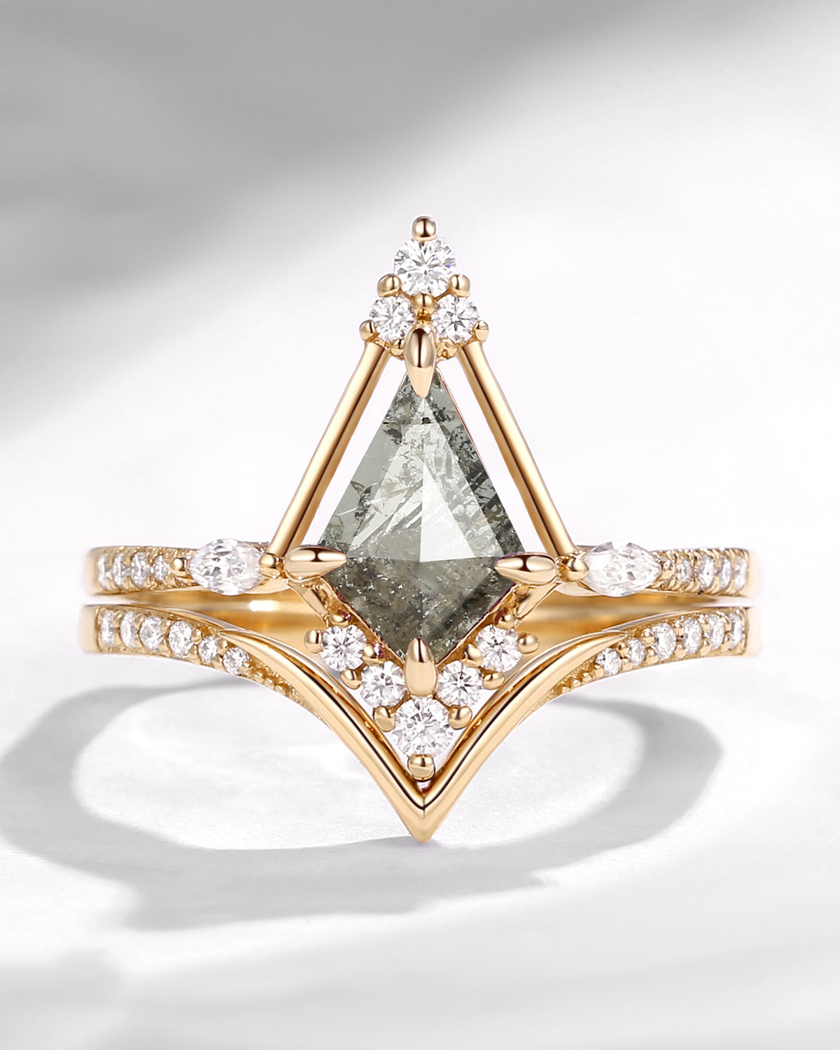 Cluster Kite Cut Natural Salt And Pepper Diamond Chevron Bridal Set 2pcs