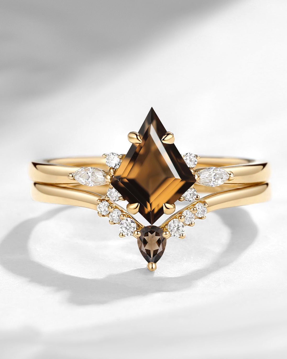 Classic Kite Cut Natural Smokey Quartz Engagement Ring 2pcs