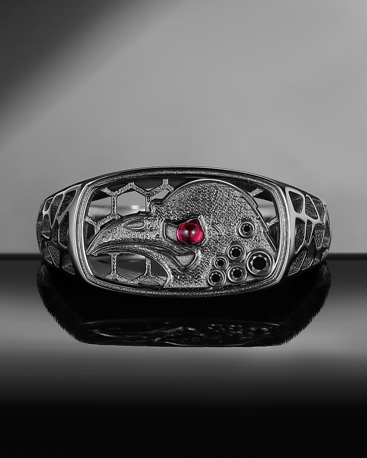 Lab Ruby Gothic Crow Inspired Black Gold Hollow Wedding Band