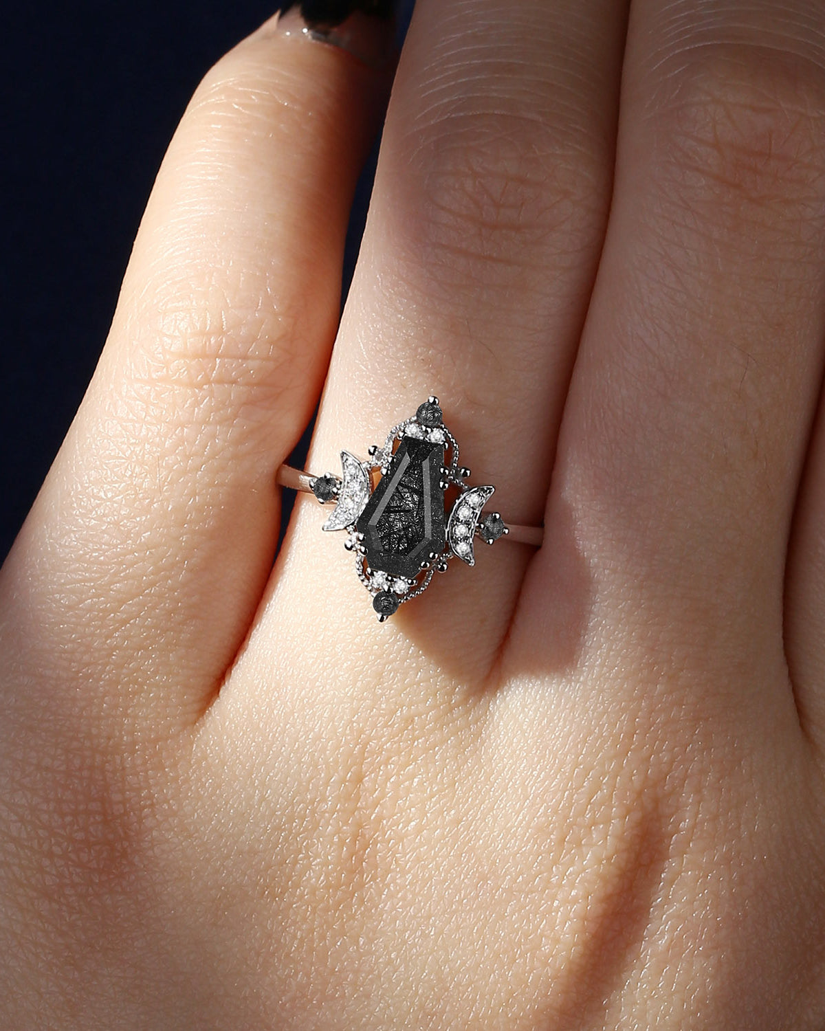 Crescent Moon | Vintage Style Coffin Cut Black Rutilated Quartz Engagement Ring