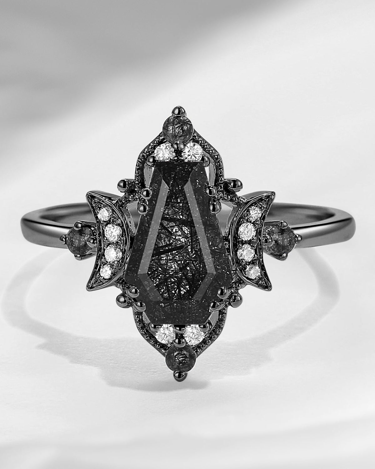 Crescent Moon | Vintage Style Coffin Cut Black Rutilated Quartz 'Evermore' Black Gold Engagement Ring
