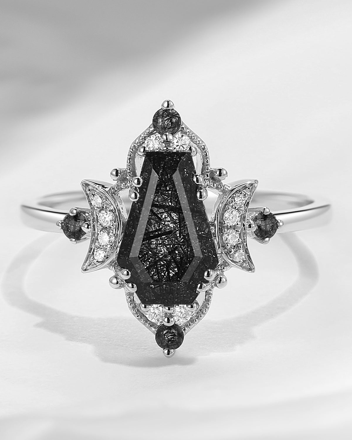 Crescent Moon | Vintage Style Coffin Cut Black Rutilated Quartz Engagement Ring