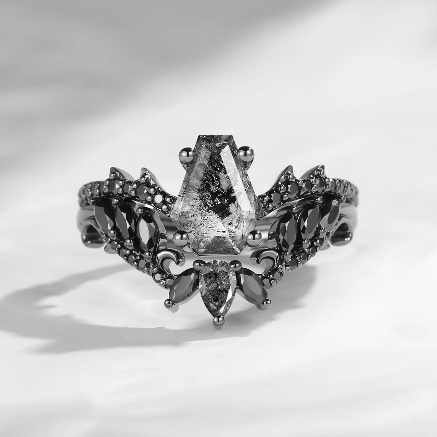 Nature Inspired Coffin Cut Herkimer Diamond Vine & Thorns Gothic Engagement Ring 2pcs