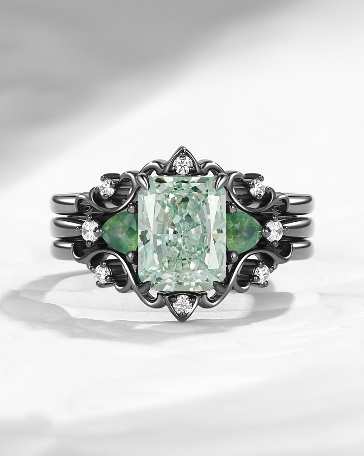 Nature Inspired Emerald Cut Green Lab Diamond Gothic Engagement Ring Set 3pcs