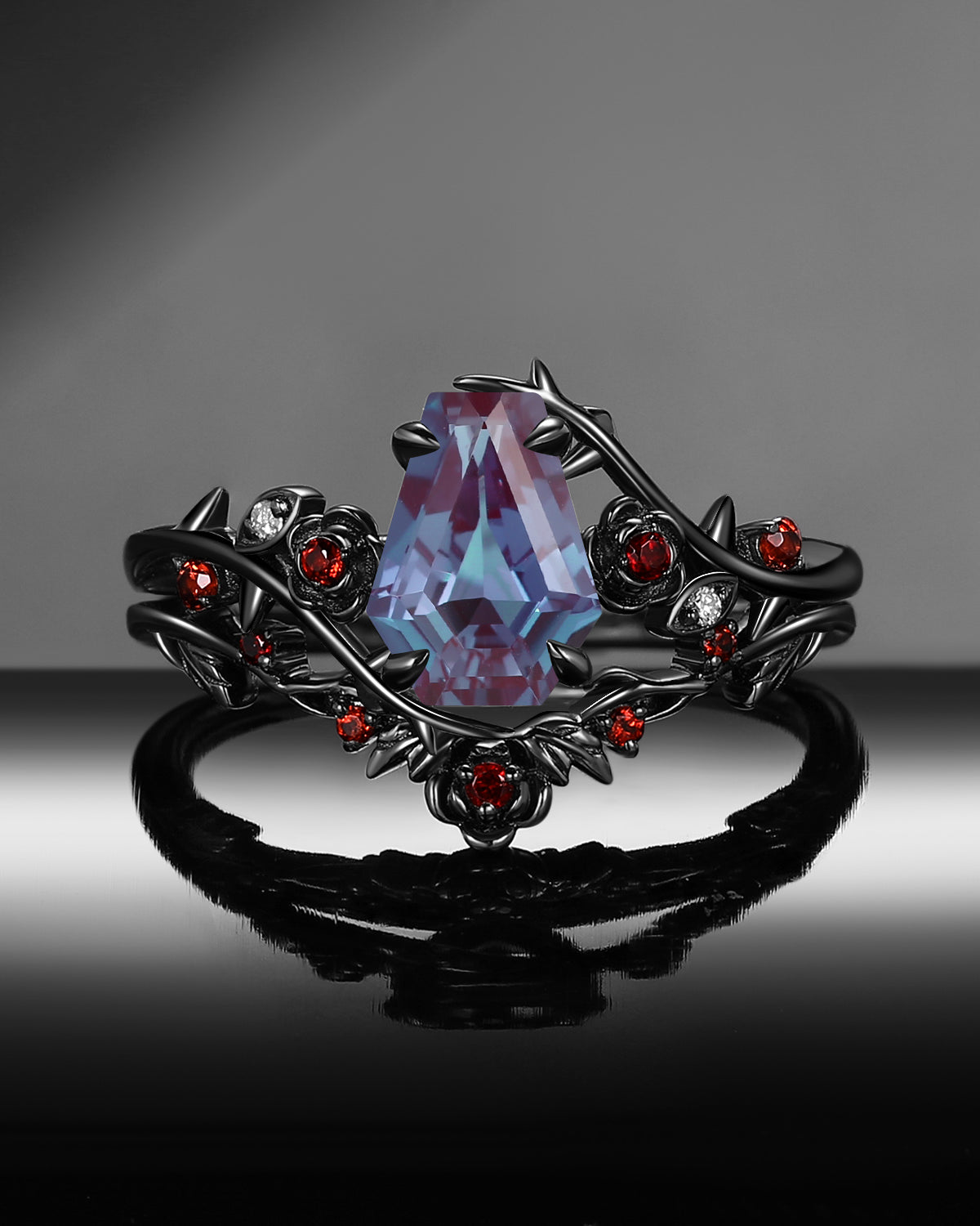 Nature Inspired Gothic Coffin Cut Lab Alexandrite 'Thorns & Roses' Bridal Set 2pcs